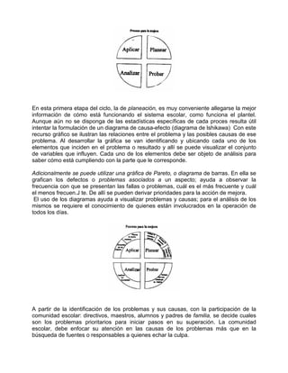 En esta primera etapa del ciclo, la de planeación, es muy conveniente allegarse la mejor
información de cómo está funcionando el sistema escolar, como funciona el plantel.
Aunque aún no se disponga de las estadísticas específicas de cada proces resulta útil
intentar la formulación de un diagrama de causa-efecto (diagrama de lshikawa) Con este
recurso gráfico se ilustran las relaciones entre el problema y las posibles causas de ese
problema. Al desarrollar la gráfica se van identificando y ubicando cada uno de los
elementos que inciden en el problema o resultado y allí se puede visualizar el conjunto
de variables que influyen. Cada uno de los elementos debe ser objeto de análisis para
saber cómo está cumpliendo con la parte que le corresponde.

Adicionalmente se puede utilizar una gráfica de Pareto, o diagrama de barras. En ella se
grafican los defectos o problemas asociados a un aspecto; ayuda a observar la
frecuencia con que se presentan las fallas o problemas, cuál es el más frecuente y cuál
el menos frecuen.J te. De allí se pueden derivar prioridades para la acción de mejora.
 El uso de los diagramas ayuda a visualizar problemas y causas; para el análisis de los
mismos se requiere el conocimiento de quienes están involucrados en la operación de
todos los días.




A partir de la identificación de los problemas y sus causas, con la participación de la
comunidad escolar: directivos, maestros, alumnos y padres de familia, se decide cuales
son los problemas prioritarios para iniciar pasos en su superación. La comunidad
escolar, debe enfocar su atención en las causas de los problemas más que en la
búsqueda de fuentes o responsables a quienes echar la culpa.
 
