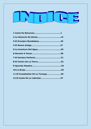 1-Carta De Renuncia…………………………………..1 
2-La Memoria De Simón………………………………15 
3-El Granjero Bondadoso…………………………….26 
4-El Nuevo Amigo………………………………………27 
5-La Aventura Del Agua…………………………......29 
6-Secreto A Voces………………………………………30 
7-El Hombre Perfecto………………………………….31 
8-El Centro De La Tierra………………………………33 
9-Querida Maestra………………………………………34 
10-La Bruja………………………………………………..35 
11-El Cumpleaños De La Tortuga………………….36 
12-El Canto De La Libertad………………………….37 
 