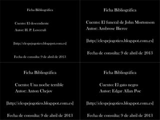 Ficha Bibliográfica
Cuento: El descendiente
Autor: H. P. Lovecraft
[http://elespejogotico.blogspot.com.es]
Fecha de consulta: 9 de abril de 2013
Ficha Bibliográfica
Cuento: El funeral de John Mortonson
Autor: Ambrose Bierce
[http://elespejogotico.blogspot.com.es]
Fecha de consulta: 9 de abril de 2013
Ficha Bibliográfica
Cuento: El gato negro
Autor: Edgar Allan Poe
[http://elespejogotico.blogspot.com.es]
Fecha de consulta: 9 de abril de 2013
Ficha Bibliográfica
Cuento: Una noche terrible
Autor: Anton Chejov
[http://elespejogotico.blogspot.com.es]
Fecha de consulta: 9 de abril de 2013
 