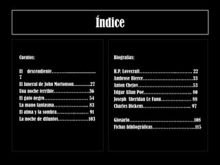 Índice
Cuentos:
El descendiente……….......................
7
El funeral de John Mortonson.............27
Una noche terrible………………….36
El gato negro……………………… 54
La mano fantasma……………….... 83
El alma y la sombra….……..…...… 91
La noche de difuntos……….………103
Biografías:
H.P. Lovecraft…………………..………. 22
Ambrose Bierce…………………….……33
Anton Chejov…………………………….53
Edgar Allan Poe…………………….….. 80
Joseph Sheridan Le Fanu………….…… 88
Charles Dickens………………………... 97
Glosario………………………….………108
Fichas bibliográficas……………………...115
 