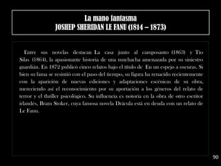 Entre sus novelas destacan La casa junto al camposanto (1863) y Tío
Silas (1864), la apasionante historia de una muchacha amenazada por su siniestro
guardián. En 1872 publicó cinco relatos bajo el título de En un espejo a oscuras. Si
bien su fama se resintió con el paso del tiempo, su figura ha renacido recientemente
con la aparición de nuevas ediciones y adaptaciones escénicas de su obra,
mereciendo así el reconocimiento por su aportación a los géneros del relato de
terror y el thriller psicológico. Su influencia es notoria en la obra de otro escritor
irlandés, Bram Stoker, cuya famosa novela Drácula está en deuda con un relato de
Le Fanu.
90
La mano fantasma
JOSHEP SHERIDAN LE FANU (1814 – 1873)
 