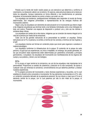 20
Postula que la mente del recién nacido posee ya una estructura que determina y conforma el
crecimiento y la interacción ulterior con el entorno. En esencia, esta estructura básica es la misma en
todos los pequeños. Aunque maduremos en forma diferente y nos transformemos en personas
singulares, el inconsciente colectivo es común a todos y por ende, es uno.
Los arquetipos son tendencia, predisposiciones heredadas para responder al mundo de formas
determinadas. Son imágenes primordiales o representaciones de las energías intuitivas del
inconsciente colectivo.
Según Jung, los arquetipos son elementos de estructuración en el inconsciente que dieron origen
a las imágenes arquetípicas que dominan tanto a las fantasías individuales como a las mitologías de
toda una cultura. Presentan una especie de disposición a producir una y otra vez las mismas o
similares ideas míticas.
Los arquetipos son partes de la vida misma, imágenes que se conectan de manera integral con la
vida de la persona por medio de las emociones.
Cada una de las grandes estructuras de la personalidad es también un arquetipo. Dichas
estructuras son el Yo, la persona, la sombra, el ánima (en los varones), el ánimus (en las mujeres) y
el self.
Los arquetipos mismos son formas sin contenido propio que sirven para organizar a canalizar el
material psicológico.
Los arquetipos conforman la infraestructura de la psique: El contenido de la psique de cada
persona, al igual que sus experiencias, es único e irrepetible; sin embargo, las pautas generales, en
las que encuadran estas experiencias están determinadas por parámetros universales y principios
generadores, o arquetipos; los arquetipos del inconsciente son manifestaciones de los órganos del
cuerpo y sus poderes, y tienen una raíz biológica.
El Yo
El Yo ocupa un lugar central en la conciencia y es uno de los arquetipos más importantes de la
personalidad. Proporciona un sentido de coherencia y dirección en la vida consciente. Se opone a
cualquier cosa que amenace la conciencia, convenciéndonos de que debemos planificar y analizar
nuestras experiencias.
El Yo jungiano proviene del inconsciente y reúne diversas experiencias y recuerdos, con lo cual
establece la división entre consciente e inconsciente. No hay elementos inconscientes en el Yo, sólo
un contenido consciente derivado de la experiencia personal. Se nos induce a creer que el Yo es el
elemento central de la psique, con lo cual pasamos por alto la otra mitad de la psique, el
inconsciente.
 