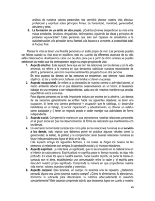 45
análisis de nuestros valores personales nos permitirá planear nuestra vida afectiva,
profesional y espiritual sobre principios firmes, de honestidad, moralidad, generosidad,
altruismo y otros.
6. La formación de un estilo de vida propio. ¿Cuántos jóvenes desperdician su vida entre
malas amistades, fanáticos, drogadictos, delincuentes, siguiendo las ideas y principios de
personas equivocadas? Estas personas que sólo son capaces de arrastrarlos a la
autodestrucción, a la privación de su libertad, a la locura o a la muerte, a la oscuridad total,
al fracaso final.
Planear la vida es tener una filosofía personal y un estilo propio de vivir. Las personas pueden
ser felices cuando su vida está en equilibrio, esto es, cuando los diferentes aspectos de su vida
están balanceados. Analizaremos cada uno de ellos para que a partir de dicho análisis se puedan
establecer las metas que les corresponden según su propio proyecto de vida:
1. Aspecto afectivo. Este aspecto tiene que ver con las relaciones con los demás y con la vida
amorosa; se refiere a la manera en que deseamos satisfacer nuestras necesidades de
afecto y pertenencia, así como nuestros sentimientos proyectados en otra persona.
En este aspecto los deseos de las personas se encaminan casi siempre hacia ciertos
objetivos: a) dar y recibir amor, b) tener una familia y c) tener una pareja.
2. Aspecto ocupacional. Se refiere a la planeación de nuestra carrera o actividad laboral, al
medio ambiente laboral en el que deseamos desenvolvernos en un futuro; si deseamos
trabajar en una empresa o ser independientes, cada uno de nosotros mantiene sus propias
expectativas sobre esta área.
Para algunas personas es la más importante incluso por encima de la afectiva. Los deseos
de las personas generalmente se enfilan hacia los siguientes objetivos: a) tener una
ocupación, b) tener una carrera profesional y ocupación que le satisfaga, c) desarrollar
habilidades en el trabajo, d) recibir capacitación y adiestramiento, e) obtener un estatus
como trabajador y f) tener un negocio propio o poder manejar sus actividades de forma
independiente.
3. Aspecto social. Comprende la manera en que proyectamos nuestras relaciones personales
en el grupo social en que nos desenvolvemos, la forma de realización que mantenemos con
los demás.
4. Un elemento fundamental considerado como pilar en las relaciones humanas es el servicio
a los demás, esto implica que debemos poner en práctica algunas virtudes como la
generosidad, la lealtad, la gratitud y la comprensión; tener buenas relaciones humanas es
factor indispensable para lograr el éxito en la vida.
Este aspecto incluye los siguientes factores, a los cuales se dirigen los deseos de las
personas: a) relaciones con amigos, b) aprobación social y c) muevas relaciones,
5. Aspecto espiritual. La vida tiene un significado, que no se encuentra en lo material sino en
el interior de cada persona. Espiritualidad no significa pasar el tiempo rezando, es algo más
profundo. Es volver los ojos a nuestra esencia, hacia nuestro espíritu; es poner la mente en
contacto con el alma, estableciendo una comunicación entre la razón y el espíritu para
descubrir nuestro propio significado. Comprende la manera en que proyectamos nuestra
vida interior, valores, nuestros ideales y creencias.
6. Aspecto corporal. Sólo tenemos, un cuerpo, no tenemos uno de repuesto. ¿Habremos
pensado alguna vez cómo tratamos nuestro cuerpo? ¿Cómo lo alimentamos, lo ejercitamos,
dormimos lo suficiente para descansarlo, lo nutrimos adecuadamente lo aseamos
constantemente? Este aspecto comprende todo lo que deseamos lograr en cuanto a nuestro
 