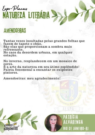 Tantas vezes insultadas pelas grandes folhas que
fazem de tapete o chão,
São elas que proporcionam a sombra mais
refrescante,
No caos da desordem urbana, em qualquer
estação.
No inverno, resplandecem em um mosaico de
cores.
É a arte da natureza em seu átimo esplêndido!
Paleta fenomenal a encantar os exigentes
pintores.
Amendoeiras: meu agradecimento!
Natureza Literária
Patrícia
Alvarenga
Expo-Placas
Amendoeiras
Rio de Janeiro-rj
 