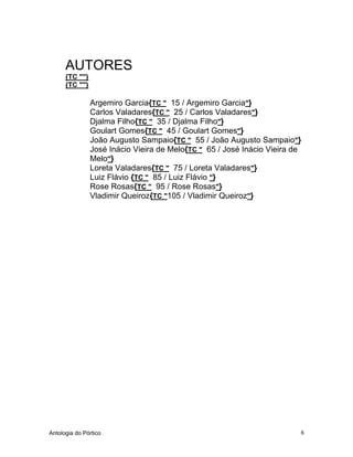 Antologia do Pórtico 6
AUTORES
{TC ""}
{TC ""}
Argemiro Garcia{TC " 15 / Argemiro Garcia"}
Carlos Valadares{TC " 25 / Carlos Valadares"}
Djalma Filho{TC " 35 / Djalma Filho"}
Goulart Gomes{TC " 45 / Goulart Gomes"}
João Augusto Sampaio{TC " 55 / João Augusto Sampaio"}
José Inácio Vieira de Melo{TC " 65 / José Inácio Vieira de
Melo"}
Loreta Valadares{TC " 75 / Loreta Valadares"}
Luiz Flávio {TC " 85 / Luiz Flávio "}
Rose Rosas{TC " 95 / Rose Rosas"}
Vladimir Queiroz{TC "105 / Vladimir Queiroz"}
 