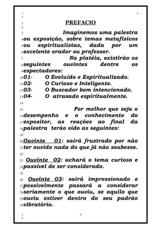 1                                       4
 2

 1              PREFACIO
 2
 3              Imaginemos uma palestra
 4ou exposição, sobre temas metafísicos
 5ou   espiritualistas, dada por um
 6excelente orador ou professor.
 7                Na platéia, existirão os
 8seguintes     ouvintes     dentre     os
 9espectadores:
1001-    O Evoluído e Espiritualizado.
1102-    O Curioso e Inteligente.
1203-    O Buscador bem intencionado.
1304-    O atrasado espiritualmente.
14
15                 Por melhor que seja o
16desempenho    e o conhecimento do
17expositor, as reações ao final da
18palestra terão sido as seguintes:
19
20Ouvinte    01: sairá frustrado por não
21ter ouvido nada do que já não soubesse.
22
23 Ouvinte 02: achará o tema curioso e
24passível de ser considerado.
25
26  Ouvinte 03: sairá impressionado e
27possivelmente passará a considerar
28seriamente o que ouviu, se aquilo que
29ouviu estiver dentro do seu padrão
30vibratório.

 3                   4
 4
 