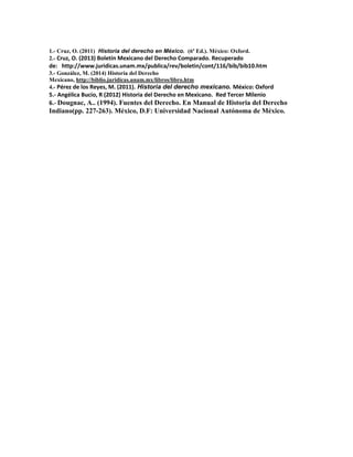 1.- Cruz, O. (2011) Historia del derecho en México. (6ª Ed.). México: Oxford.
2.- Cruz, O. (2013) Boletín Mexicano del Derecho Comparado. Recuperado
de: http://www.juridicas.unam.mx/publica/rev/boletin/cont/116/bib/bib10.htm
3.- González, M. (2014) Historia del Derecho
Mexicano, http://biblio.juridicas.unam.mx/libros/libro.htm
4.- Pérez de los Reyes, M. (2011). Historia del derecho mexicano. México: Oxford
5.- Angélica Bucio, R (2012) Historia del Derecho en Mexicano. Red Tercer Milenio
6.- Dougnac, A.. (1994). Fuentes del Derecho. En Manual de Historia del Derecho
Indiano(pp. 227-263). México, D.F: Universidad Nacional Autónoma de México.
 