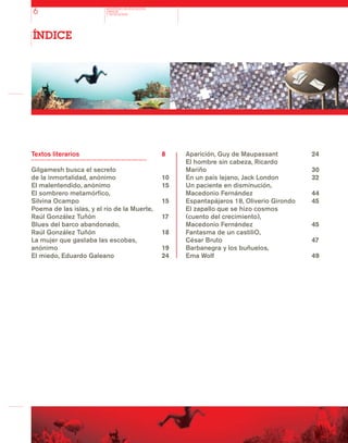Aparición, Guy de Maupassant
El hombre sin cabeza, Ricardo
Mariño
En un país lejano, Jack London
Un paciente en disminución,
Macedonio Fernández
Espantapájaros 18, Oliverio Girondo
El zapallo que se hizo cosmos
(cuento del crecimiento),
Macedonio Fernández
Fantasma de un castiliO,
César Bruto
Barbanegra y los buñuelos,
Ema Wolf
MINISTERIO DE EDUCACION,
CIENCIA
Y TECNOLOGIA6
Textos literarios
Gilgamesh busca el secreto
de la inmortalidad, anónimo
El malentendido, anónimo
El sombrero metamórfico,
Silvina Ocampo
Poema de las islas, y el río de la Muerte,
Raúl González Tuñón
Blues del barco abandonado,
Raúl González Tuñón
La mujer que gastaba las escobas,
anónimo
El miedo, Eduardo Galeano
24
30
32
44
45
45
47
49
ÍNDICE
8
10
15
15
17
18
19
24
 
