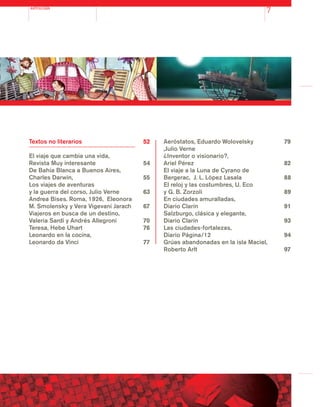 ANTOLOGÍA
7
Textos no literarios
El viaje que cambia una vida,
Revista Muy interesante
De Bahía Blanca a Buenos Aires,
Charles Darwin,
Los viajes de aventuras
y la guerra del corso, Julio Verne
Andrea Bises. Roma, 1926, Eleonora
M. Smolensky y Vera Vigevani Jarach
Viajeros en busca de un destino,
Valeria Sardi y Andrés Allegroni
Teresa, Hebe Uhart
Leonardo en la cocina,
Leonardo da Vinci
Aeróstatos, Eduardo Wolovelsky
,Julio Verne
¿Inventor o visionario?,
Ariel Pérez
El viaje a la Luna de Cyrano de
Bergerac, J. L. López Lasala
El reloj y las costumbres, U. Eco
y G. B. Zorzoli
En ciudades amuralladas,
Diario Clarín
Salzburgo, clásica y elegante,
Diario Clarín
Las ciudades-fortalezas,
Diario Página/12
Grúas abandonadas en la isla Maciel,
Roberto Arlt
52
54
55
63
67
70
76
77
79
82
88
89
91
93
94
97
 