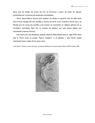 LEEMOS MEJOR DÍA A DÍA



decía que los fósiles de erizos de mar se formaron a partir de bolas de espuma
producidas por montones de serpientes entrelazadas.
      Otros desarrollaron teorías para explicar los fósiles en general. Una de ellas decía
que la lluvia recogía del mar semillas y huevos de seres vivos. Cuando la lluvia caía y se
filtraba por las rocas, las semillas y los huevos se convertían en réplicas pétreas de su
verdadera naturaleza. Esto fue un intento de explicar por qué tantos fósiles son
claramente criaturas marinas.
      Una teoría aún más fantástica, popular desde la Edad Media hasta el siglo XVII, decía
que la Tierra tenía su propia “fuerza creadora” o vis plastica, y esta fuerza estaba
intentando hacer copias de los seres vivos.

Linda Gamlin, “Fósiles y cuentos de hadas” en Evolución. Biblioteca de la ciencia ilustrada. México, SEP-Fernández, 2002.




                                                      SEXTO GRADO
 