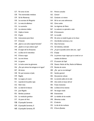 127. Por amor al arte                            161. Primera consulta
128. Tres enamorados miedosos                    162. Caracol
129. Sol de Monterrey                            163. Conócete a ti mismo
130. Los secretos de Margarita                   164. Ahí te van unas adivinanzas
131. La mata de albahaca                         165. Cómo vuelan
132. La cucaracha                                166. Las lagrimas de Potira
133. Los abanicos hablan                         167. La codorniz no aprendió a volar
134. Coplas al viento                            168. El tiranosaurio
135. El gato                                     169. La muralla
136. Instrucciones para llorar                   170. De cómo se instaló la gata en la choza
137. El barzón                                   171. Una familia numerosa y rica
138. ¿Qué es una selva tropical húmeda?          172. Doce hermanos
139. ¿Quién es el que anduvo aquí?               173. Sol redondo y colorado
140. El origen del río Amazonas                  174. ¿A qué no puedes comer sólo una... caja?
141. La física de la naturaleza                  175. El piojo
142. El barco negro                              176. La primera mujer negra que se sentó en un
143. Los tres héroes                                   autobús de blancos
144. La iguana                                   177. El corazón de Copil
145. La lucha contra los gérmenes                178. Oaxaca. Noche de Paz, Noche de Rábanos
146. ¿Por qué vivimos las tortugas en el agua?   179. Recetas de cocina
147. Ahí tienes                                  180. ¿Por qué no me deshago?
148. Por qué encanece el pelo                    181. Sombra general
149. Rogelio                                     182. Dos poemas nahuas
150. La suegra y la nuera                        183. La extraña esfera de la vida
151. Leyenda de los pieles rojas                 184. Una araña en busca del sol
152. Kikiri miau                                 185. Frutas mexicanas
153. La edad de la basura                        186. La fiesta de los insectos
154. Juan Regaña                                 187. No tengas miedo
155. Bombas yucatecas                            188. Entonaciones
156. La revolución genética                      189. La rebelión de las vocales
157. Un joven de Vinci                           190. Alimentos crudos
158. El periquillo Sarniento                     191. El alacrán
159. El periquillo Sarniento, II                 192. La isla de las muñecas
160. El periquillo Sarniento, III                193. El burro flautista
 