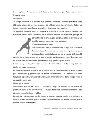 LEEMOS MEJOR DÍA A DÍA



brazos y piernas. Otros, como los de la cara, tiran de tu piel para hacer que sonrías o
frunzas el ceño.
Tu esqueleto
Tu cuerpo tiene más de 200 huesos que forman tu esqueleto. Cuando naciste tenías unos
350, pero algunos de los más pequeños se soldaron según ibas creciendo. Todos tus
huesos tienen diferentes formas y tamaños, y tienen su propio nombre.
Tu esqueleto mantiene unido tu cuerpo y le da forma. Si no fuera por el esqueleto, tu
cuerpo se vendría abajo convertido en un montón informe. Es muy fuerte: protege las
                           partes blandas: tu cráneo, por ejemplo, protege tu cerebro, y tus
                           costillas protegen tu corazón y tus pulmones.
                           ¿Qué hay dentro de un hueso?
                           Tus huesos están hechos principalmente de agua y de un mineral
                           llamado calcio. Un hueso es una estructura rígida, pero tiene
                           cierto grado de elasticidad para que no se rompa fácilmente. El
exterior de un hueso es muy duro, pero el interior es blando y esponjoso. Esto hace que
los huesos sean muy resistentes, pero también muy ligeros. Algunos huesos
tienen una especie de gelatina dentro, que se llama la médula ósea. Se encarga de hacer
células nuevas para tu sangre.
Un hueso roto puede arreglarse por sí mismo, pero a menudo necesita la ayuda de yeso
para inmovilizarlo y permitir que se suelde correctamente. Los médicos usan unas
fotografías especiales, llamadas radiografías, para mirar el interior de tu cuerpo y ver si
tienes algún hueso roto.
Huesos que se mueven
Si tus huesos son fuertes y duros... ¿cómo es tu cuerpo tan flexible? Muchos huesos se
juntan con otros en las articulaciones. Tu cuerpo tiene unas cien articulaciones en sitios
como los codos, hombros o rodillas.
Las articulaciones permiten que los huesos se muevan para que puedas girar, inclinarte y
darte la vuelta. Imagínate que no tuvieras articulaciones en los codos: tendrías que ir
siempre con los brazos tiesos.

                                         Anita Ganeri, “Los huesos” en ¡Muévete! México, SEP-Everest, 2005.



                                        TERCER GRADO
 