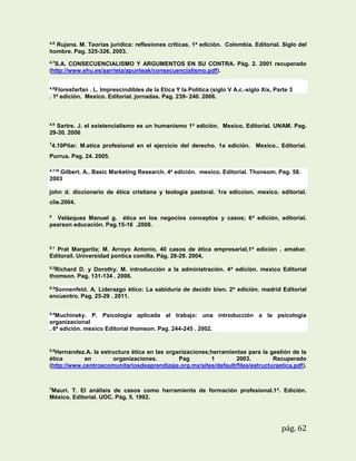4.6

Rujana. M. Teorias jurídica: reflexiones criticas. 1a edición. Colombia. Editorial. Siglo del
hombre. Pag. 325-326. 2003.
4.7

S.A. CONSECUENCIALISMO Y ARGUMENTOS EN SU CONTRA. Pág. 2. 2001 recuperado
(http://www.ehu.es/aarrieta/apunteak/consecuencialismo.pdf).
4.8

Floresfarfan . L. Imprescindibles de la Etica Y la Politica (siglo V A.c.-siglo Xix, Parte 3
. 1a edición. Mexico. Editorial. jornadas. Pag. 239- 240. 2006.

4.9

Sartre. J. el existencialismo es un humanismo 1a edición. Mexico. Editorial. UNAM. Pag.
29-30. 2006
1

4.10Pilar. M.etica profesional en el ejercicio del derecho. 1a edición. Mexico.. Editorial.

Purrua. Pag. 24. 2005.
4.116

Gilbert. A.. Basic Marketing Research. 4a edición. mexico. Editorial. Thonsom. Pag. 58.
2003
john d. diccionario de ética cristiana y teología pastoral. 1ra ediccion. mexico. editorial.
clie.2004.
5

Velázquez Manuel g. ética en los negocios conceptos y casos; 6 a edición, editorial.
pearson educación. Pag.15-16 .2008.

5.1

Prat Margarita; M. Arroyo Antonio, 40 casos de ética empresarial,1 a edición . amabar.
Editorail. Universidad pontica comilla. Pág. 28-29. 2004,
5.2

Richard D. y Dorothy. M. introducción a la administración. 4a edición. mexico Editorial
thomson. Pag. 131-134 . 2006.
5.3

Sonnenfeld. A. Liderazgo ético: La sabiduría de decidir bien. 2 a edición. madrid Editorial
encuentro. Pag. 25-29 . 2011.
5.4

Muchinsky. P. Psicología aplicada al trabajo: una introducción a la psicología
organizacional
. 6a edición. mexico Editorial thomson. Pag. 244-245 . 2002.

5.5

Hernandez.A. la estructura ética en las organizaciones;herramientas para la gestión de la
ética
en
organizaciones.
Pag
1
2003.
Recuperado
(http://www.centroscomunitariosdeaprendizaje.org.mx/sites/default/files/estructuraetica.pdf).

7

Mauri. T. El análisis de casos como herramienta de formación profesional.1 a. Edición.
México. Editorial. UOC. Pág. 5. 1992.

pág. 62

 
