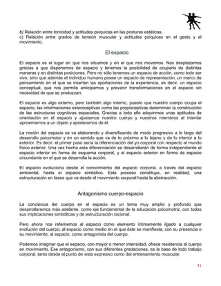 31
b) Relación entre tonicidad y actitudes psíquicas en las posturas estáticas.
c) Relación entre grados de tensión muscular y actitudes psíquicas en el gesto y el
movimiento.
El espacio
El espacio es el lugar en que nos situamos y en el que nos movemos. Nos desplazamos
gracias a que disponemos de espacio y tenemos la posibilidad de ocuparlo de distintas
maneras y en distintas posiciones. Pero no sólo tenemos un espacio de acción, como todo ser
vivo, sino que además el individuo humano posee un espacio de representación, un marco de
pensamiento en el que se insertan las aportaciones de la experiencia, es decir, un espacio
conceptual, que nos permite anticiparnos y prevenir transformaciones en el espacio sin
necesidad de que se produzcan.
El espacio es algo externo, pero también algo interno, puesto que nuestro cuerpo ocupa el
espacio, las informaciones exteroceptivas como las propioceptivas determinan la construcción
de las estructuras cognitivas espaciales. Gracias a todo ello adquirimos unas aptitudes de
orientación en el espacio y ajustamos nuestro cuerpo y nuestros miembros al intentar
aproximarnos a un objeto y apoderarnos de él.
La noción del espacio se va elaborando y diversificando de modo progresivo a lo largo del
desarrollo psicomotor y en un sentido que va de lo próximo a lo lejano y de lo interior a lo
exterior. Es decir, el primer paso sería la diferenciación del yo corporal con respecto al mundo
físico exterior. Una vez hecha esta diferenciación se desarrollarán de forma independiente el
espacio interior en forma de esquema corporal, y el espacio exterior en forma de espacio
circundante en el que se desarrolla la acción.
El espacio evoluciona desde el conocimiento del espacio corporal, a través del espacio
ambiental, hasta el espacio simbólico. Este proceso constituye, en realidad, una
estructuración en fases que va desde el movimiento corporal hasta la abstracción.
Antagonismo cuerpo-espacio
La conciencia del cuerpo en el espacio es un tema muy amplio y profundo que
desarrollaremos más adelante, como eje fundamental de la educación psicomotriz, con todas
sus implicaciones simbólicas y de estructuración racional.
Pero ahora nos referiremos al espacio como elemento íntimamente ligado a cualquier
evolución del cuerpo; al espacio como medio en el que éste se manifiesta, con su presencia o
su movimiento; al espacio, como antagonista del cuerpo.
Podemos imaginar que el espacio, con mayor o menor intensidad, ofrece resistencia al cuerpo
en movimiento. Ese antagonismo, con sus diferentes gradaciones, es la base de todo trabajo
corporal, tanto desde el punto de vista expresivo como del entrenamiento muscular.
 