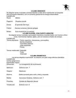 43
3.CLIMA OBSESIVO
Se elegirán temas musicales correspondientes a este clima incentivarán la búsqueda
del movimiento reiterativo, con un aumento gradual de la energía desarrollada
EJEMPLOS:
Ravel: Bolero
Paganini: Perpetuo movile
Dukas: El aprendiz Del brujo
Folclor: Danzas rumanas y danzas griegas
Britten: Guía musical de La juventud
4.CLIMA ALEGRE, CON FUERTE ARRATRE
Se elegirán temas musicales que puedan incentivar el sentido lúdico, con humos y ritmo
vivaz, movimientos rápidos, ágiles, pero sin excesivo empleo de energía.
EJEMPLOS:
Temas populares: Folclor argentino: chacareras y carnavalitos
Samba brasileñas
Tarantelas italianas
Jotas españolas
Polcas
Temas medievales: Saltarello
Trotto
Estampié
5.CLIMA DRAMÁTICO
Los temas elegidos incentivarán la creación con gran carga afectiva dramática
EJEMPLOS:
Cantos gregorianos
Espirituales negros
Stravisnski: La consagración de la primavera
Bethoven: Sinfonía núm. 7
Wagner: Oberturas
Brahms: Doble concierto para violín, chelo y orquesta
Mahler Canciones fúnebres. Sinfonía núm. 1
Prokofiev. Cantata de Alejandro Nevski
Tchaikovski: Sinfonía núm. 6
 