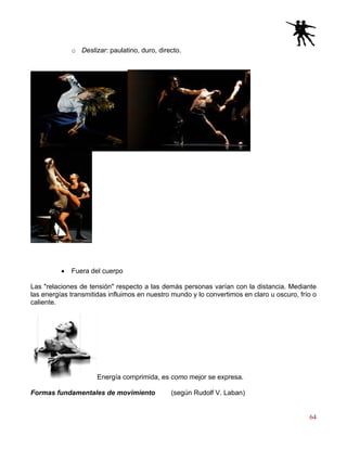 64
o Deslizar: paulatino, duro, directo.
• Fuera del cuerpo
Las "relaciones de tensión" respecto a las demás personas varían con la distancia. Mediante
las energías transmitidas influimos en nuestro mundo y lo convertimos en claro u oscuro, frío o
caliente.
Energía comprimida, es como mejor se expresa.
Formas fundamentales de movimiento (según Rudolf V. Laban)
 