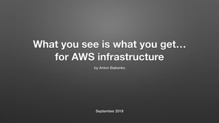 What you see is what you get…
for AWS infrastructure
by Anton Babenko
September 2018
 