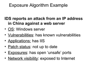 Exposure Algorithm Example IDS reports an attack from an IP address in China against a web server OS : Windows server Vulnerabilities : has known vulnerabilities Applications:  has IIS Patch status : not up to date Exposures : has open ‘unsafe’ ports Network visibility : exposed to Internet 