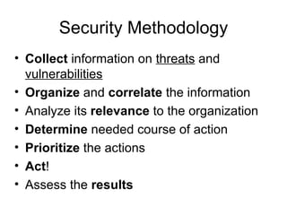 Security Methodology Collect  information on  threats  and  vulnerabilities Organize  and  correlate  the information Analyze its  relevance  to the organization Determine  needed course of action Prioritize  the actions Act ! Assess the  results 