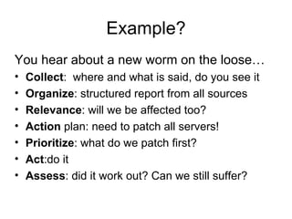 Example? You hear about a new worm on the loose… Collect :  where and what is said, do you see it Organize : structured report from all sources Relevance : will we be affected too? Action  plan: need to patch all servers! Prioritize : what do we patch first? Act :do it Assess : did it work out? Can we still suffer? 