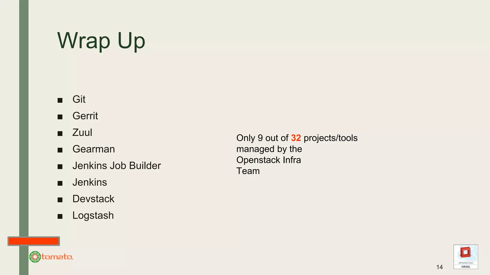 Wrap Up
■ Git
■ Gerrit
■ Zuul
■ Gearman
■ Jenkins Job Builder
■ Jenkins
■ Devstack
■ Logstash
14
Only 9 out of 32 projects/tools
managed by the
Openstack Infra
Team
 