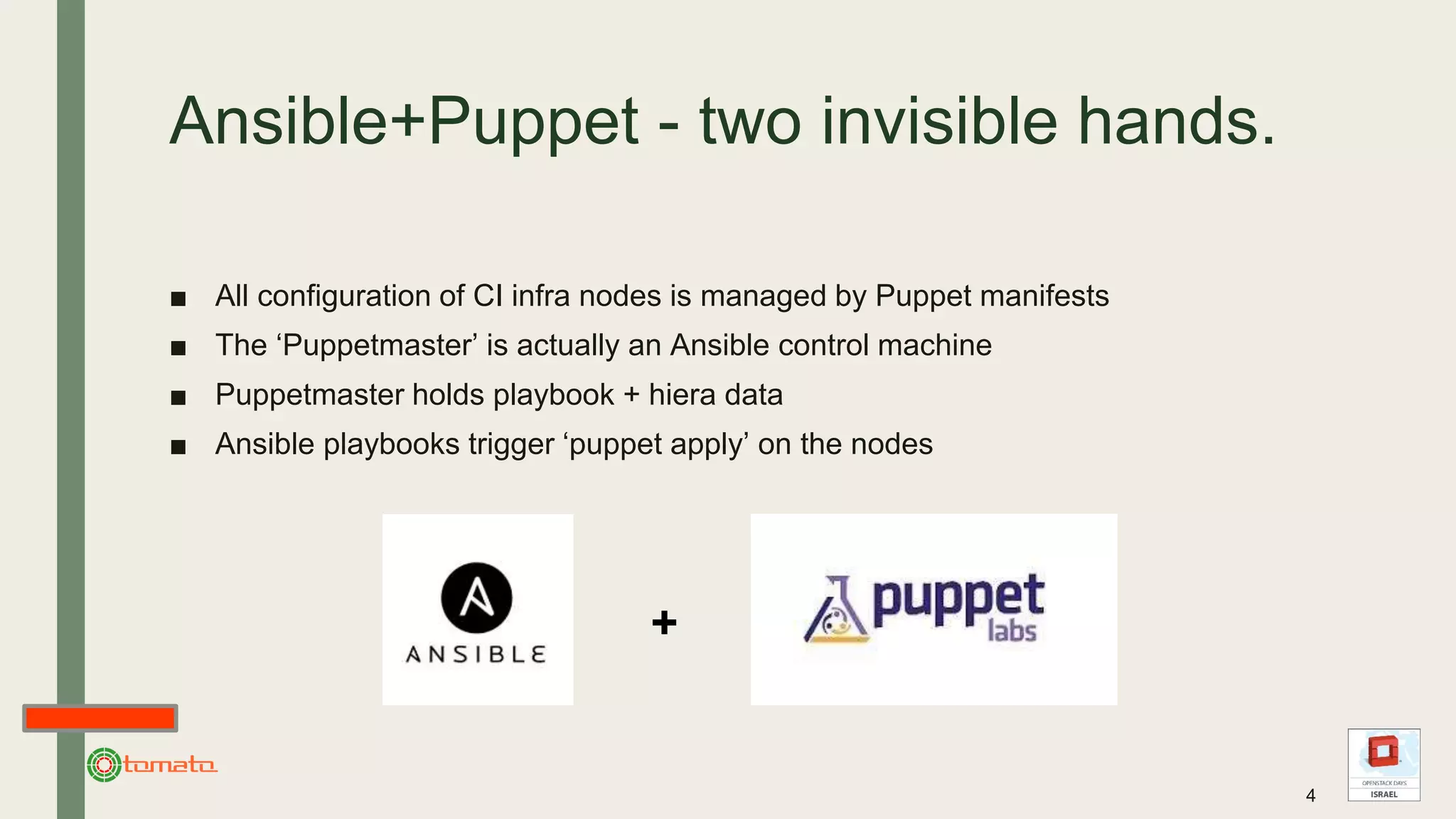 Ansible+Puppet - two invisible hands.
■ All configuration of CI infra nodes is managed by Puppet manifests
■ The ‘Puppetmaster’ is actually an Ansible control machine
■ Puppetmaster holds playbook + hiera data
■ Ansible playbooks trigger ‘puppet apply’ on the nodes
4
+
 