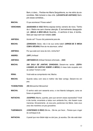 32
Bem, é claro... Perdoe-me Maria Serguêievna, eu me retiro às es-
condidas. Não tomarei o meu chá. (LEVANTA-SE AGITADO) Sem-
pre essas comédias...
MACHA: O que aconteceu? Posso saber?
VERCHININ: (BAIXANDO A VOZ) Minha esposa tomou veneno de novo. Tenho
de ir. Retiro-me sem chamar atenção. É terrivelmente desagradá-
vel. (BEIJA A MÃO DELA) Querida... A senhora é boa, é bonita..
Saio por aqui sem ser notado (SAI)
ANFISSA: Aonde vai? Trouxe chá justamente para ele.
MACHA: (ZANGADA) Deixe, não é da sua conta babá! (DIRIGE-SE À MESA
COM A XÍCARA) Pare de me aborrecer, velha!
ANFISSA: Por que está com raiva de mim, minha flor?
ANDREI: (OFF.) Anfissa!
ANFISSA: (IMITANDO-O) Anfissa! Sempre enfurnado... (SAI)
MACHA: (NA SALA DE JANTAR, ZANGADA) Deixem-me sentar. (ESPA-
LHANDO AS CARTAS SOBRE A MESA) A mesa toda ocupada com
as cartas! Tomem o chá!
IRINA: Você está se comportando mal, Macha.
MACHA: Quando estou com raiva é melhor não falar comigo. Deixem-me em
paz.
TCHEBUTIKIN: (RI) Mimosinha! Mimosinha!
MACHA: O senhor está com sessenta anos, e vive falando bobagens, como se
fosse um garotinho.
NATACHA: (SUSPIRA) Macha, querida, para que servem essas expressões? Você
é tão bonita, encantaria a todos num ambiente fino, não fossem suas
maneiras. Sinceramente. Je vous prie, pardonnez moi Marie, mais vous
avez des manières um peu grossières.
TUZENBACH: (CONTENDO O RISO) Dê-me... Dê-me, por favor... Parece que o lugar
do conhaque é ali.
NATACHA: Il parait que mon Bobik déjà ne dort pas, já acordou. Ele não está total-
 