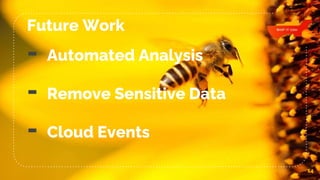Future Work
14
- Automated Analysis
- Remove Sensitive Data
- Cloud Events
 
