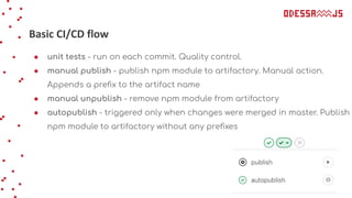 Basic CI/CD flow
● unit tests - run on each commit. Quality control.
● manual publish - publish npm module to artifactory. Manual action.
Appends a preﬁx to the artifact name
● manual unpublish - remove npm module from artifactory
● autopublish - triggered only when changes were merged in master. Publish
npm module to artifactory without any preﬁxes
 