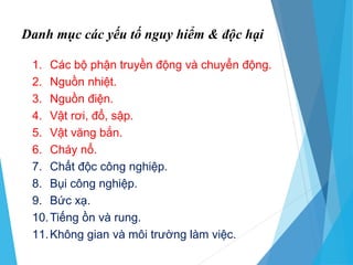 Danh mục các yếu tố nguy hiểm & độc hại
1. Các bộ phận truyền động và chuyển động.
2. Nguồn nhiệt.
3. Nguồn điện.
4. Vật rơi, đổ, sập.
5. Vật văng bắn.
6. Cháy nổ.
7. Chất độc công nghiệp.
8. Bụi công nghiệp.
9. Bức xạ.
10.Tiếng ồn và rung.
11.Không gian và môi trường làm việc.
 