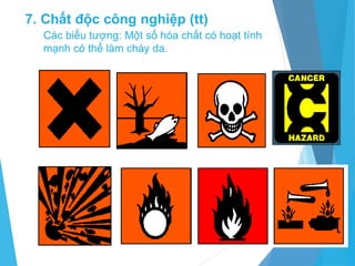 Các biểu tượng: Một số hóa chất có hoạt tính
mạnh có thể làm cháy da.
58
7. Chất độc công nghiệp (tt)
 