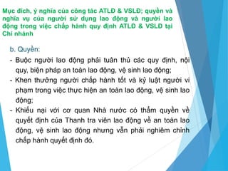 Mục đích, ý nghĩa của công tác ATLĐ & VSLĐ; quyền và
nghĩa vụ của người sử dụng lao động và người lao
động trong việc chấp hành quy định ATLĐ & VSLĐ tại
Chi nhánh
b. Quyền:
- Buộc người lao động phải tuân thủ các quy định, nội
quy, biện pháp an toàn lao động, vệ sinh lao động;
- Khen thưởng người chấp hành tốt và kỷ luật người vi
phạm trong việc thực hiện an toàn lao động, vệ sinh lao
động;
- Khiếu nại với cơ quan Nhà nước có thẩm quyền về
quyết định của Thanh tra viên lao động về an toàn lao
động, vệ sinh lao động nhưng vẫn phải nghiêm chỉnh
chấp hành quyết định đó.
 