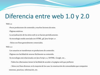 Diferencia entre web 1.0 y 2.0
Web 1.0
-Pocos productores de contenido y muchos lectores de estos.
-Páginas estáticas.
-La actualización de los sitios web no se hacían periódicamente.
-Su tecnología estaba asociada con HTML, gif, Java Script 1.0
-Sitios con fines generalmente comerciales.
Web 2.0
-Los usuarios se transforman en productores de contenido.
-Páginas con facilidad de renovar fácilmente su contenido.
-Su tecnología está relacionada con Java Script 2.0, XHTML, Google, etc...
-Todos los cibernautas tienen la facilidad de acceder a la página web que prefieren
- Sitios con fines diversos; en la mayoría de los caso, la construcción de comunidades que comparten
intereses, practicas, información, etc.
 