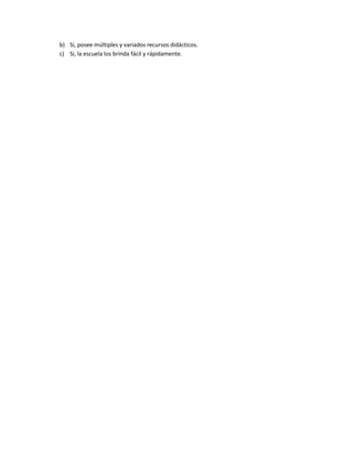 b) Si, posee múltiples y variados recursos didácticos.
c) Si, la escuela los brinda fácil y rápidamente.
 