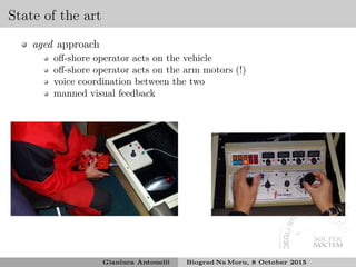 State of the art
aged approach
oﬀ-shore operator acts on the vehicle
oﬀ-shore operator acts on the arm motors (!)
voice coordination between the two
manned visual feedback
Gianluca Antonelli Biograd Na Moru, 8 October 2015
 