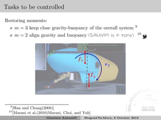 Tasks to be controlled
Restoring moments:
m = 3 keep close gravity-buoyancy of the overall system 9
m = 2 align gravity and buoyancy (SAUVIM is 4 tons) 10
fb
fg
τ 2
9
[Han and Chung(2008)]
10
[Marani et al.(2010)Marani, Choi, and Yuh]
Gianluca Antonelli Biograd Na Moru, 8 October 2015
 