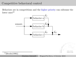 Competitive behavioral control
Behaviors are in competitions and the higher priority can subsume the
lower ones12
sensors
behavior b
ζ2
behavior a
ζ1
behavior c
ζ3 ζd
12
[Brooks(1986)]
Gianluca Antonelli Biograd Na Moru, 8 October 2015
 