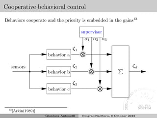 Cooperative behavioral control
Behaviors cooperate and the priority is embedded in the gains13
sensors
behavior b
ζ2
α2
behavior a
ζ1
supervisor
α1
behavior c
ζ3
α3
ζd
13
[Arkin(1989)]
Gianluca Antonelli Biograd Na Moru, 8 October 2015
 
