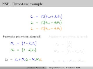 NSB: Three-task example
ζa = J†
a ˙σa,d + Λaσ1
ζb = J†
b ˙σb,d + Λbσ2
ζc = J†
c ˙σc,d + Λcσ3
Successive projection approach
Na = I − J†
aJa
Nb = I − J†
bJb
ζd = ζa + Naζb + NaNbζc
Augmented projection approach
Jab =
Ja
Jb
Nab = In − J†
abJab
ζd = ζa + Naζb+Nabζc
Gianluca Antonelli Biograd Na Moru, 8 October 2015
 