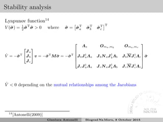 Stability analysis
Lyapunov function14
V (˜σ) = 1
2 ˜σT
˜σ > 0 where ˜σ = ˜σT
a ˜σT
b ˜σT
c
T
˙V = −˜σT


Ja
Jb
Jc

 v = −˜σT
M ˜σ = −˜σT






Λa Oma,mb Oma,mc
JbJ†
aΛa JbNaJ†
bΛb JbNJ†
cΛc
JcJ†
aΛa JcNaJ†
bΛb JcNJ†
cΛc






˜σ
˙V < 0 depending on the mutual relationships among the Jacobians
14
[Antonelli(2009)]
Gianluca Antonelli Biograd Na Moru, 8 October 2015
 