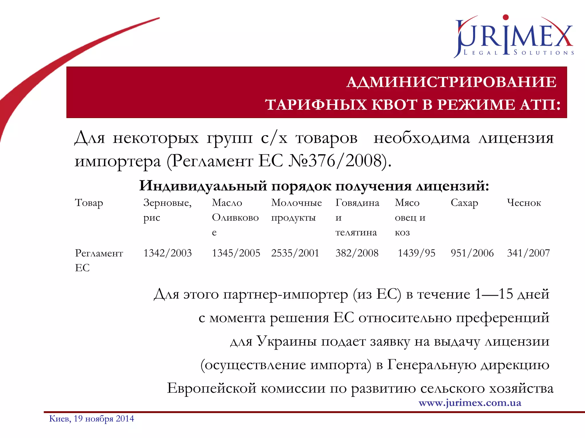 АДМИНИСТРИРОВАНИЕ 
ТАРИФНЫХ КВОТ В РЕЖИМЕ АТП: 
Для некоторых групп с/х товаров необходима лицензия 
импортера (Регламент ЕС №376/2008). 
Индивидуальный порядок получения лицензий: 
Товар Зерновые, 
Для этого партнер-импортер (из ЕС) в течение 1—15 дней 
с момента решения ЕС относительно преференций 
для Украины подает заявку на выдачу лицензии 
(осуществление импорта) в Генеральную дирекцию 
Европейской комиссии по развитию сельского хозяйства 
www.jurimex.com.ua 
Киев, 19 ноября 2014 
рис 
Масло 
Оливково 
е 
Молочные 
продукты 
Говядина 
и 
телятина 
Мясо 
овец и 
коз 
Сахар Чеснок 
Регламент 
ЕС 
1342/2003 1345/2005 2535/2001 382/2008 1439/95 951/2006 341/2007 
 