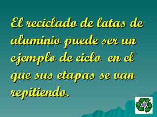 El reciclado de latas de aluminio puede ser un ejemplo de ciclo  en el que sus etapas se van repitiendo.  