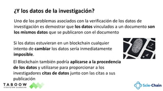 ¿Y los datos de la investigación?
Uno de los problemas asociados con la verificación de los datos de
investigación es demostrar que los datos vinculados a un documento son
los mismos datos que se publicaron con el documento
Si los datos estuvieran en un blockchain cualquier
intento de cambiar los datos sería inmediatamente
imposible.
El Blockchain también podría aplicarse a la procedencia
de los datos y utilizarse para proporcionar a los
investigadores citas de datos junto con las citas a sus
publicación
 
