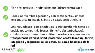 Ya no se necesita un administrador único y centralizado
Todos los miembros guardan y actualizan continuamente
una copia completa de la base de datos del blockchain
Esta redundancia, combinado con la criptografía y la toma de
decisiones compartida (consentimiento descentralizado),
conduce a un sistema democrático que ofrece a sus miembros
transparencia y trazabilidad, protección contra la manipulación,
integridad y seguridad de los datos, así como fiabilidad de la
red
 