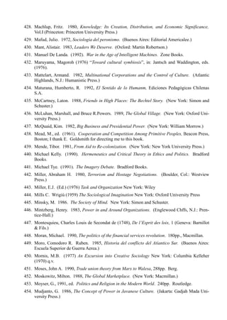 428. Machlup, Fritz. 1980, Knowledge: Its Creation, Distribution, and Economic Significance,
     Vol.I (Princeton: Princeton University Press.)
429. Mafud, Julio. 1972, Sociología del peronismo. (Buenos Aires: Editorial Americalee.)
430. Mant, Alistair. 1983, Leaders We Deserve. (Oxford: Martin Robertson.)
431. Manuel De Landa. (1992). War in the Age of Intelligent Machines. Zone Books.
432. Maruyama, Magoroh (1976) “Toward cultural symbiosis”, in: Jantsch and Waddington, eds.
     (1976).
433. Mattelart, Armand. 1982, Multinational Corporations and the Control of Culture. (Atlantic
     Highlands, N.J.: Humanistic Press.)
434. Maturana, Humberto, R. 1992, El Sentido de lo Humanm, Ediciones Pedagógicas Chilenas
     S.A.
435. McCartney, Laton. 1988, Friends in High Places: The Bechtel Story. (New York: Simon and
     Schuster.)
436. McLuhan, Marshall, and Bruce R.Powers. 1989, The Global Village. (New York: Oxford Uni-
     versity Press.)
437. McQuaid, Kim. 1982, Big Business and Presidential Power. (New York: William Morrow.)
438. Mead, M., ed. (1961). Cooperation and Competition Among Primitive Peoples, Beacon Press,
     Boston; I thank E. Goldsmith for directing me to this book.
439. Mende, Tibor. 1981, From Aid to Re-colonization. (New York: New York University Press.)
440. Michael Kelly. (1990). Hermeneutics and Critical Theory in Ethics and Politics. Bradford
     Books.
441. Michael Tye. (1991). The Imagery Debate. Bradford Books.
442. Miller, Abraham H. 1980, Terrorism and Hostage Negotiations. (Boulder, Col.: Westview
     Press.)
443. Miller, E.J. (Ed.) (1976) Task and Organization New York: Wiley
444. MilIs C. Wrigiú (1959) The Sociological Imagination New York: Oxford University Press
445. Minsky, M. 1986. The Society of Mind. New York: Simon and Schuster.
446. Mintzberg, Henry. 1983, Power in and Around Organizations. (Englewood Chffs, N.J.: Pren-
     tice-Hall.)
447. Montesquieu, Charles Louis de Secondat de (1748), De l’Esprit des loix, 1 (Geneva: Barnillot
     & Fils.)
448. Moran, Michael. 1990, The politics of the financial services revolution. 180pp., Macmillan.
449. Moro, Comodoro R. Ruben. 1985, Historia del conflicto del Atíantico Sur. (Buenos Aires:
     Escuela Superior de Guerra Aerea.)
450. Mornis, M.B. (1977) An Excursion into Creative Sociology New York: Columbia Kelleher
     (1970) q.v.
451. Moses, John A. 1990, Trade union theory from Marx to Walesa, 288pp. Berg.
452. Moskowitz, Milton. 1988, The Global Marketplace. (New York: Macmillan.)
453. Moyser, G., 1991, ed. Politics and Religion in the Modern World. 240pp. Routledge.
454. Mudjanto, G. 1986, The Concept of Power in Javanese Culture. (Jakarta: Gadjah Mada Uni-
     versity Press.)
 