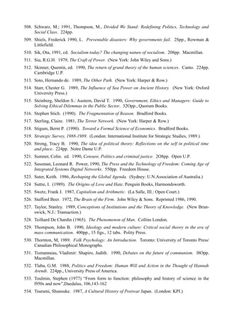 508. Schwarz, M.; 1991, Thompson, M., Divided We Stand: Redefining Politics, Technology and
     Social Class. 224pp.
509. Shiels, Frederick 1990, L. Preventable disasters: Why governments fail. 2Spp., Rowman &
     Littlefield.
510. Sik, Ota, 1991, cd. Socialism today? The changing nature of socialism. 208pp. Macmillan.
511. Siu, R.G.H. 1979, The Craft of Power. (New York: John Wiley and Sons.)
512. Skinner, Quentin, ed. 1990, The return of grand theory of the human sciences. Canto. 224pp.
     Cambridge U.P.
513. Soto, Hernando de. 1989, The Other Path. (New York: Harper & Row.)
514. Starr, Chester G. 1989, The Influence of Sea Power on Ancient History. (New York: Oxford
     University Press.)
515. Steinberg, Sheldon S.: Austern, David T. 1990, Government, Ethics and Managers: Guide to
     Solving Ethical Dilemmas in the Public Sector. 32Opp., Quorum Books.
516. Stephen Stich. (1990). The Fragmentation of Reason. Bradford Books.
517. Sterling, Claire. 1981, The Terror Network. (New York: Harper & Row.)
518. Stigum, Bernt P. (1990). Toward a Formal Science of Economics. Bradford Books.
519. Strategic Survey, 1988-1989. (London: International Institute for Strategic Studies, 1989.)
520. Strong, Tracy B. 1990, The idea of political theory: Reflections on the self in political time
     and place. 224pp. Notre Dame U.P.
521. Sumner, Colin. ed. 1990, Censure, Politics and criminal justice. 2O8pp. Open U.P.
522. Sussman, Leonard R. Power, 1990, The Press and the Technology of Freedom: Coming Age of
     Integrated Systems Digital Networks. 550pp. Freedom House.
523. Suter, Keith. 1986, Reshaping the Global Agenda. (Sydney: U.N.Association of Australia.)
524 Suttie, I. (1989). The Origins of Love and Hate, Penguin Books, Harmondsworth.
525. Swetz, Frank J. 1987, Capitalism and Arithmetic. (La Salle, III.: Open Court.)
526. Stafford Beer. 1972, The Brain of the Firm. John Wiley & Sons. Reprinted 1986, 1990.
527. Taylor, Stanley. 1989, Conceptions of Institutions and the Theory of Knowledge. (New Brun-
     swick, N.J.: Transaction.)
528. Teilhard De Chardin (1965). The Phenomenon of Man. Collins London.
529. Thompson, John B. 1990, Ideology and modern culture: Critical social theory in the era of
     mass communication. 400pp., 15 figs., 12 tabs. Polity Press.
530. Thornton, M, 1989. Folk Psychology: An Introduction. Toronto: University of Toronto Press/
     Canadian Philosophical Monographs.
531. Tismanneau, Vladimir: Shapiro, Judith. 1990, Debates on the future of communism. l8Opp.
     Macmillan.
532. Tlaba, G.M. 1988, Politics and Freedom: Human Will and Action in the Thought of Hannah
     Arendt. 224pp., University Press of America.
533. Toulmin, Stephen (1977) “From form to function: philosophy and history of science in the
     l950s and now”,Daedalus, 106,143-162
534. Tsurumi, Shunsuke. 1987, A Cultural History of Postwar Japan. (London: KPI.)
 