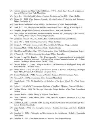673. Bateson, Gregory and Mary Catherine Bateson. (1987). Angels Fear: Towards an Epistemo-
     logy of the Sacred. New York: Macmillan.
674. Berry, R.J. 1988, God and Evolution: Creation, Evolution and the Bible. l89pp., Hodder
675. Bittner, R. 1989, What Reason Demands: On Justification Of Morality And Autonomy.
     240pp., Cambridge, U.P.
676. Brian Bealdey and Peter Ludlow. (1992). The Philosophy of Mind. Bradford Books.
677. Brink, D.O. 1989, Moral Realism And The Foundation Of Ethics. 3SOpp., Cambridge U.P.
678. Campbell, Joseph (1956) Hero with a Thousand Faces. New York: Meridian.
679. Capra, Fritjof and Steindl-Rast, David with Matus, Thomas 1992, Belonging to the Universe,
     New Thinking About God and Nature, Penguin Books.
680. Carruthers, Michael, 1983, The Buddha, Past Masters General Editor Keith Thomas.
681. Casti, John L. 1992, Searching for certainty. 480pp. Scribner.
682. Cooper, T. 1989, et al. Communication Ethics and Global Change. 4l6pp., Longman.
683. Crimmins, Mark. (1992). Talk About Beliefs. Bradford Books.
684. Chai, Ch’u, and Winberg Chai. 1973, Confucianism. (New York: Baron’s Educational Series.)
685. D’Amico, R. 1989, Historicism And Knowledge. l74pp. Routledge.
686. Dreyfus, H., and S.E. Dreyfus. 1990. What is morality? A phenomenological account of the
     development of ethical expertise. In Universalism versus Communitarianism, ed. D.Rass-
     mussen. Cambridge, Massachusetts: The MIT Press.
687. Dreyfus, Hubert L. (1990). Being-in-the-World; A Commentary on Heidegger’s Being and
     Time, Division 1. Bradford Books.
688. Eliade, Mircea (1954) The Myth of the Eternal Return, o, Cosmos and History; Bollingen
     Series XLVI, Princeton, N.J.: Princeton University Press.
689. Evans-Pritchard, E. (1965), Theories of Primitive Religion (Oxford: Clarendon Press).
690. Flew, A.G.N. (1967), Evolutionary Ethics (London: Macmillan).
691. Franck, F., ed. 1980. The Buddha Eye: An Anthology of the Kyoto School. New York: Cross-
     roads.
692. Frolov 1. 1982, Global Problems and the Future of Mankind. (Moscow: Progress Publishers.)
693. Gardner, Martin. 1988, The New Age: Notes of a Fringe Watcher. (New York: Prometheus
     Books.)
694. Georges Bataille. (1989). Theory of Religion. Zone Books.
695. Glenn, Edmuad 5., and Christine Gleen. 1981, Man and Mankind. (Norwood, N.J.: Ablex
     Publishing.)
696. Goldstein, J., and J. Kornfield. 1987. Seeking the Heart of Wisdom: The Path of Insight Med-
     itation. Boston: Shambhala.
697. Grim, Patrick. (1991). The Incomplete Universe - Totality, Knowledge, and Truth. Bradford
     Book.
698. Guenther, H. 1976. Philosophy and Psychology in the Abhidharma. Berkeley: Shambhala
     Publications.
699. Guenther, H. 1989. From Reductionism to Creativity. New Science Library.
 