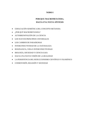 NODO I


                         POR QUE MACROMETANOIA.
                         HACIA UNA NUEVA SÍNTESIS


•   EXPLICACIÓN SEMIÓTICA DEL CONCEPTO METANOIA
•   ¿POR QUÉ MACROMETANOIA?
•   AUTORRENOVACIÓN DE LA CIENCIA
•   LOS NUEVOS PRINCIPIOS UNIVERSALES
•   LOS CAMBIOS DE PARADIGMAS
•   INTERCONECTIVIDAD DE LA NATURALEZA
•   RESONANCIA, VIDA E INTERCONECTIVIDAD
•   BIOLOGÍA, SOCIEDAD Y CIENCIA GAIA
•   HACIA UNA NUEVA VISIÓN DE LA REALIDAD
•   LA PERSISTENCIA DEL REDUCCIONISMO CIENTÍFICO Y FILOSÓFICO
•   COSMOVISIÓN, RELIGIÓN Y SOCIEDAD
 