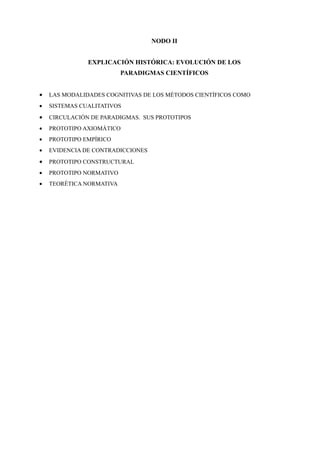 NODO II


               EXPLICACIÓN HISTÓRICA: EVOLUCIÓN DE LOS
                          PARADIGMAS CIENTÍFICOS


•   LAS MODALIDADES COGNITIVAS DE LOS MÉTODOS CIENTÍFICOS COMO
•   SISTEMAS CUALITATIVOS
•   CIRCULACIÓN DE PARADIGMAS. SUS PROTOTIPOS
•   PROTOTIPO AXIOMÁTICO
•   PROTOTIPO EMPÍRICO
•   EVIDENCIA DE CONTRADICCIONES
•   PROTOTIPO CONSTRUCTURAL
•   PROTOTIPO NORMATIVO
•   TEORÉTICA NORMATIVA
 