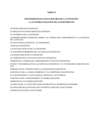 NODO VI


              PSICOFISIOLOGÍA EVOLUCIONARIA DE LA COGNICIÓN:
                   LA AUTOORGANIZACIÓN DEL CONOCIMIENTO


NUESTRA HERENCIA COGNITIVA
EL PRECIO DE NUESTRA HERENCIA COGNITIVA
EL FENÓMENO DE LA COGNICIÓN
CONSIDERACIONES GENERALES SOBRE LAS TEORÍAS DEL CONOCIMIENTO Y LA FILOSOFÍA
DEL LENGUAJE
EL NUEVO MAPA COGNITIVO. SU GEOMETRÍA
CIENCIAS COGNITIVAS
LAS NUEVAS CIENCIAS DE LA COGNICIÓN
EL NACIMIENTO MODERNO DE LAS CIENCIAS COGNITIVAS
LAS BASES FÍSICAS DE LA COGNICIÓN
EL COMIENZO DE LAS NUEVAS CIENCIAS COGNITIVAS
CIBERNÉTICA, TEORÍAS DEL CONOCIMIENTO Y CIENCIAS COGNITIVAS
ETAPAS Y DESARROLLOS DE LAS CIENCIAS COGNITIVAS Y LA TECNOLOGÍA COMUNICACIO-
NAL
PRIMERA ETAPA: INTRODUCCIÓN A LA INTELIGENCIA ARTIFICIAL
SEGUNDA ETAPA: LA LÓGICA SIMBÓLICA Y LAS HIPÓTESIS COGNITIVISTAS
EL COGNITIVISMO Y LA INTELIGENCIA ARTIFICIAL, SUS TEORÍAS
TERCERA ETAPA: CONEXIONISMO Y AUTOORGANIZACIÓN
EMERGENCIA Y AUTOORGANIZACIÓN
CUARTA ETAPA: LA ENACCIÓN COMO ALTERNATIVA AL REPRESENTACIONISMO
ILUSTRACIÓN RELACIONADA CON LOS POSTULADOS DEL ENACTIVISMO
CONSECUENCIAS DEL ENACTIVISMO
 